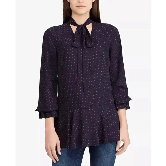 Lauren Ralph Lauren Tie-Neck Georgette Blouse size XL polkadot - Picture 2 of 12